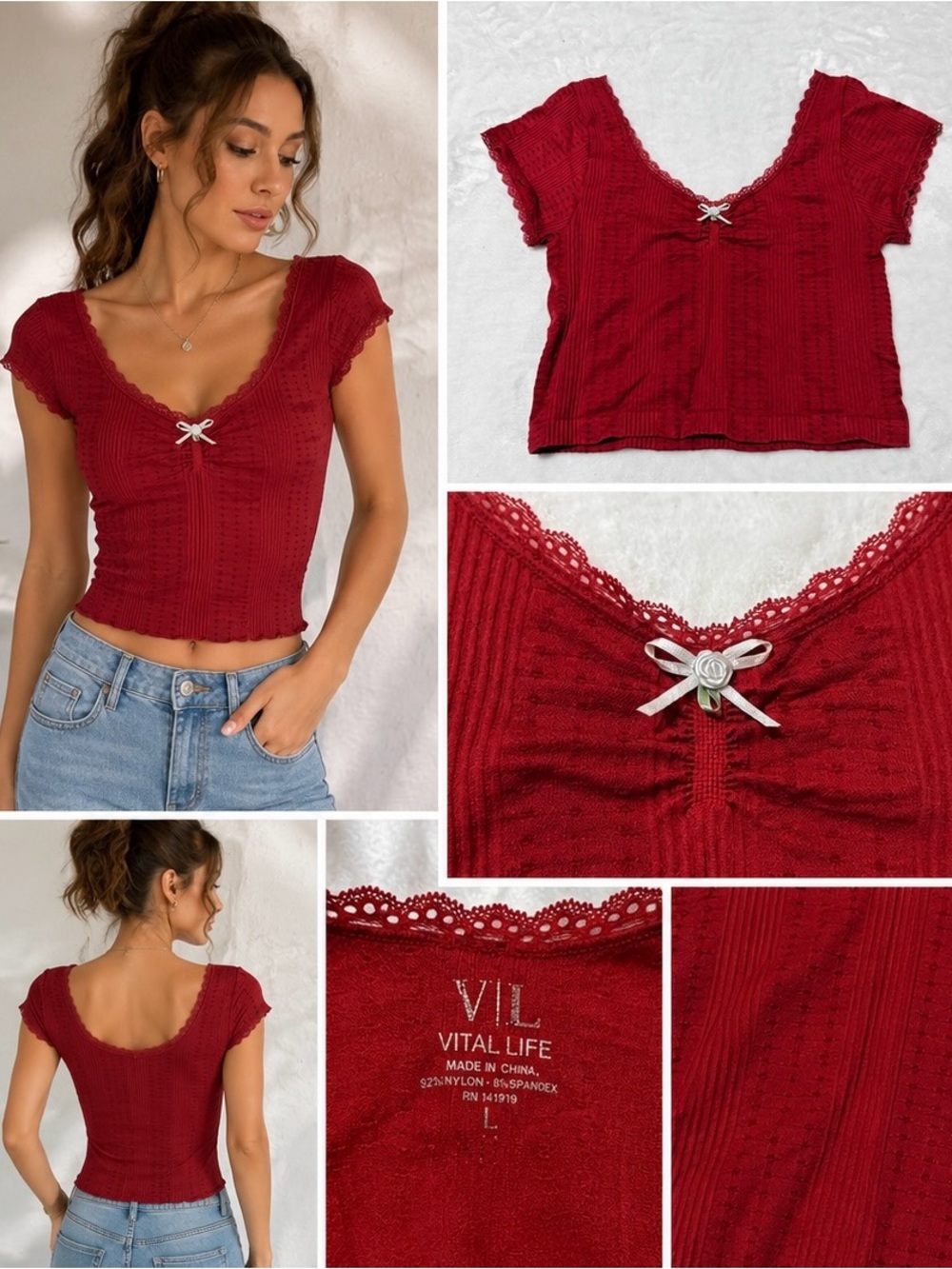 Vital Life Women’s Red Ribbed Lace Trim Cap Sleeve V-Neck Top Size Large